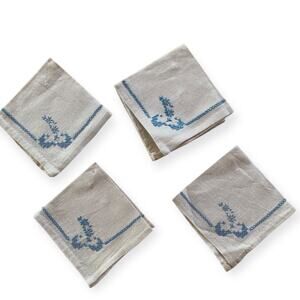 Set of 4 Vintage Cross Stitch Blue Floral Fabric Napkins Linen